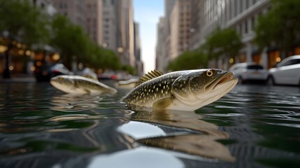 Fototapeta premium Fish swimming through flooded city streets, a surreal vision of climate change impact.
