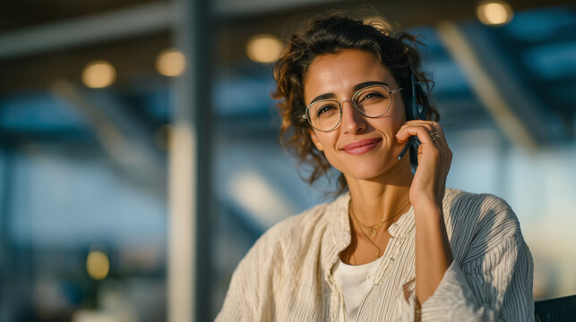 Indian customer service representative adjusting her glasses, headset on, mid-conversation with client, sunlight streams through blinds across modern call center interior
