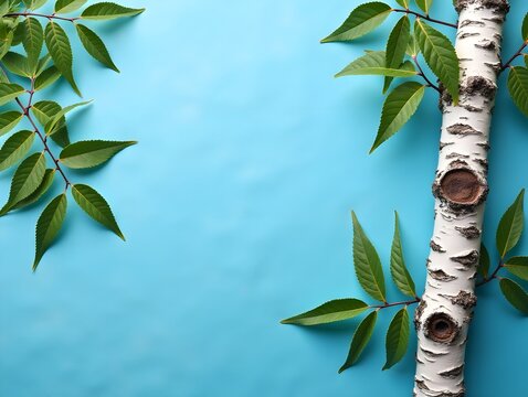 Natural Birch Wood and Green Leaves on Textured Blue Background for Nature-Themed Artwork