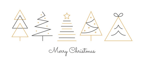 Minimalist Christmas Card with Golden Trees. Modern Line Art Holiday Greeting