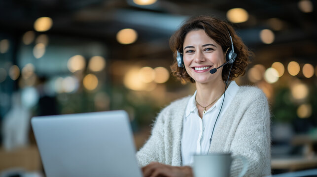 Professional Indian call center assistant typing notes during live call, headset balanced perfectly, coffee cup and notepad on desk, surrounded by screens and subtle dÃ©cor