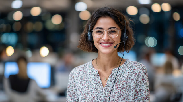 Smiling Indian call center professional provides assistance, headset cord visible, CRM software reflected in glasses, modern helpdesk hub around her hums with activity