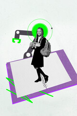 Art image vertical pop photo collage of happy schoolgirl stand open notepad robot gpt chat helper...