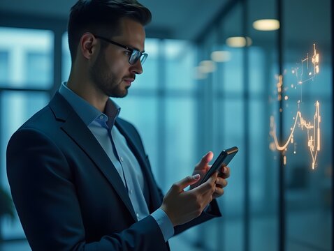 Business executive checking phone notifications corporate office, modern technology concept