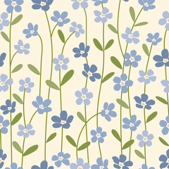 blue flowers and leaves seamless  pattern , vector , illustration