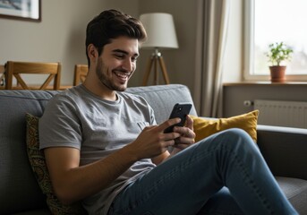 Obraz premium A relaxed man lounges on a sofa, scrolling through his phone—capturing a quiet moment of connection, leisure, and digital life.