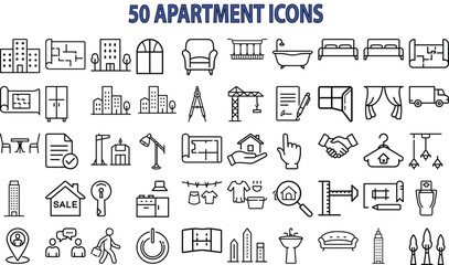 50 apartment building icons set isolated on white background