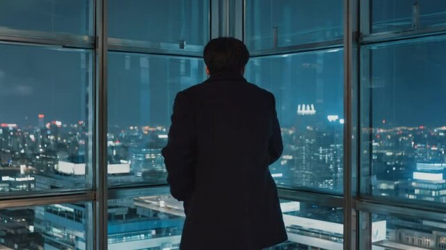 窓から望む都会の夜景、美しいネオン輝く都市