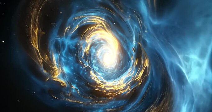 Hyperspeed FPV footage through a swirling cosmic vortex of blue and gold nebulae.