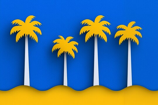 Yellow palm trees on blue background, Tropical paper cut art style design, Playful beach theme for creative summer use