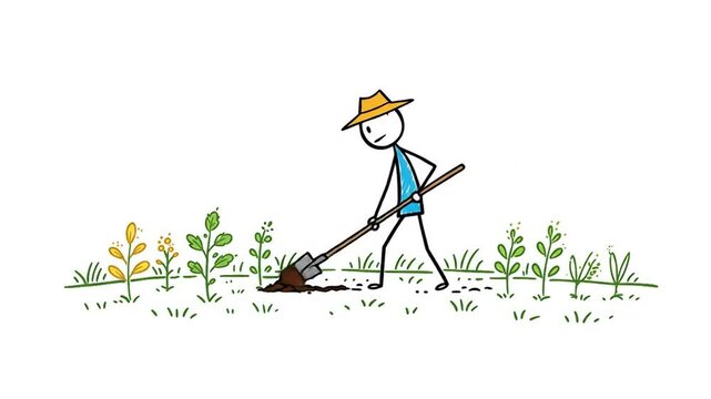 Stick figure farmer digging plants