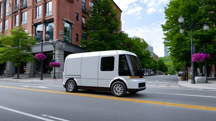 Autonomous delivery van navigating a city street