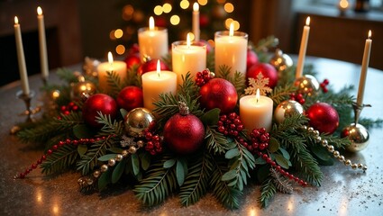 Christmas candle arrangement, festive and warm, on the dining table, holiday decor

