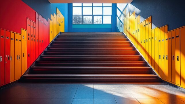 School hallway stairs with colorful lockers. Sunlight streams in - Powered by Adobe