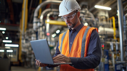 Robotic Process Automation engineer using laptop for smart factory automation software, Technology, Software and safety control.