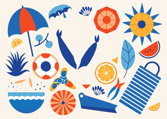 A collection of whimsical summer elements in a flat design style featuring beach essentials fruits and recreational items arranged on a cream background