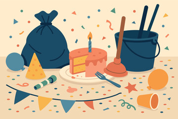 Birthday Aftermath. Vector illustration of birthday party cleanup scene with leftover confetti, half-eaten cake, and scattered