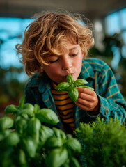 Curious child sniffing basil leaves in a sunlit greenhouse filled with plants