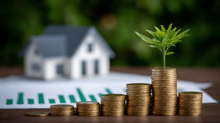 Fresh seedling atop high golden coins, model house in backdrop, financial graphs arranged on desk, symbolizing thriving real estate savings and property wealth