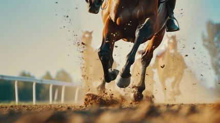 Powerful thoroughbred racehorse running at full speed on racetrack with dynamic motion and energy. Equestrian sports, horse racing competition and animal athleticism concept.