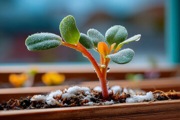 Close-up of sunflower seedling with fresh dew drops on its cotyledons in a wooden planter