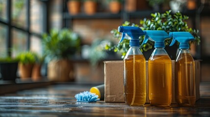 Three bottles of amber cleaning solution placed artfully on a wooden table, surrounded by lush indoor plants, conveying a fresh and organized household aesthetic.