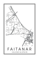 Obraz premium Hand drawn printable downtown road map poster of district FAITANAR of the Spanish city of VALENCIA on solid white background with city name