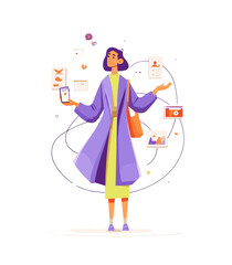 Obraz premium Digital Flow: A woman navigates a world of information, balancing a smartphone and a network of interconnected digital elements representing data, communication, and modern lifestyle.