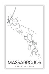 Hand drawn printable downtown road map poster of district MASSARROJOS of the Spanish city of VALENCIA on solid white background with city name