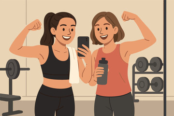 Gym Selfie Duo. Vector illustration of friend duo taking gym selfies in front of mirror post-workout, smiling and flexing
