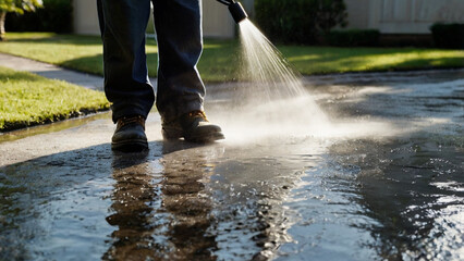 Pressure washing driveway. Close up on water splash and worker in worker boots cleaning driveway with pressure washer.	
