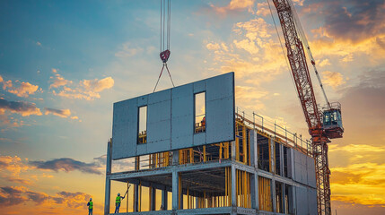 A crane lifting large prefabricated wall panels into place on a building under construction with workers guiding them 