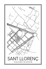 Hand drawn printable downtown road map poster of district SANT LLORENÇ of the Spanish city of VALENCIA on solid white background with city name