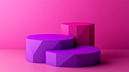 Magenta and violet polygon stacks forming modern pedestal for product showcase