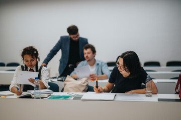 Students concentrate on their assignments during class as the professor offers guidance and support. The educational setting fosters learning and collaboration.