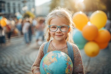 Naklejka premium A charming young girl with pigtails and glasses, holding a globe amidst a festive atmosphere, surrounded by colorful balloons and a crowd of people in the background.