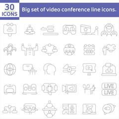  Big set of video conference line icons. Meeting, online, live, call etc.