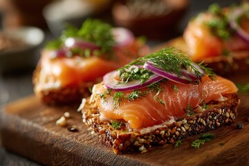 Delicious open-faced sandwiches with smoked salmon, cream cheese, red onion, and dill, served on a rustic wooden board, presenting a gourmet and healthy appetizer option.