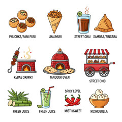 A Culinary Journey: A vibrant collection of hand-drawn illustrations showcasing a variety of traditional Indian street foods and beverages.