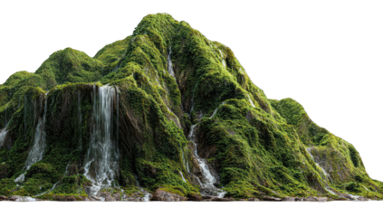Lush, verdant mountain with cascading waterfalls
