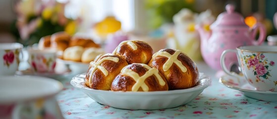Easter brunch table with hot cross buns and floral china soft focus foreground
