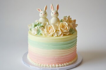 Easter cake decorated with sugar flowers and fondant bunnies pastel ombre frosting