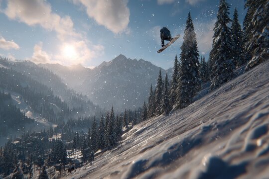 A snowboarder is mid-air in a snowy mountain landscape, silhouetted against a bright, sunlit sky, with snow-covered trees and mountain peaks in the background.
