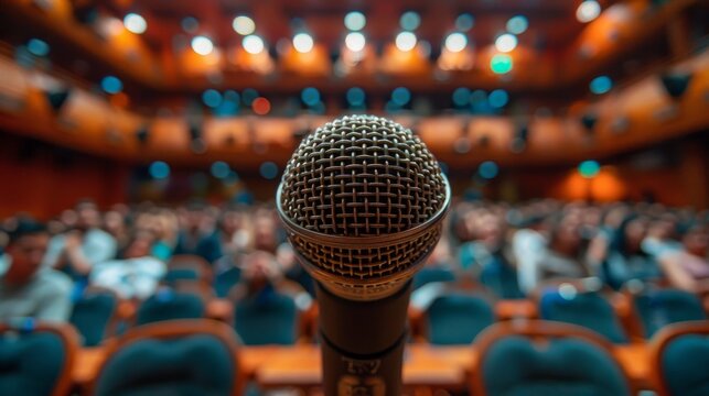 A spotlight on a microphone with eager audience blurred in the background, capturing the essence of anticipation, creativity, and the art of public speaking or music.