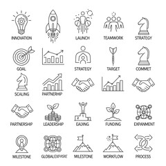 Business Icon Set: A comprehensive collection of 25 line icons representing key business concepts such as innovation, teamwork, strategy, growth, and leadership.  Perfect for presentations, websites.
