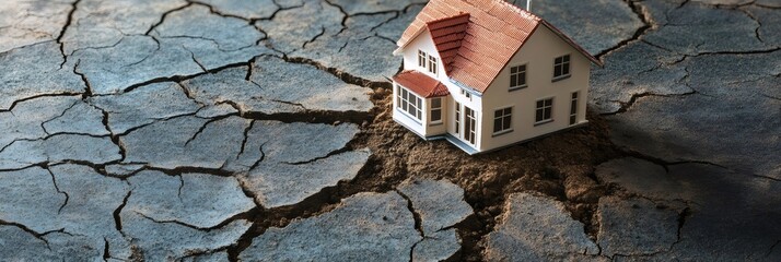 Miniature house resting on cracked ground illustrates the effects of earthquakes on properties while emphasizing the need for disaster preparedness and resilient infrastructure