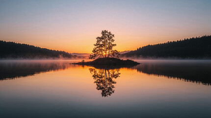 Obraz premium Sunset at Still Lake with Clear Reflections