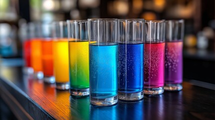 Vibrant Rainbow Drinks on the Bar: A colorful array of drinks lines a sleek wooden bar. The vibrant hues, capture the essence of celebration.