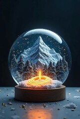Romantic Christmas candle flame glows brightly in dark snow, a burning decoration in glass.