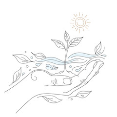Obraz premium Nature's Embrace: A delicate illustration showcasing a nurturing hand cradling a growing sprout, symbolizing environmental stewardship, growth, and the delicate balance of nature.